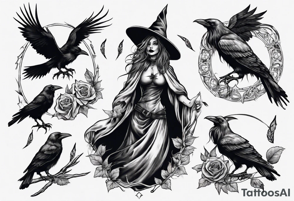 witch with crows, no roses or flowers tattoo idea