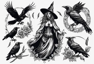 witch with crows, no roses or flowers tattoo idea