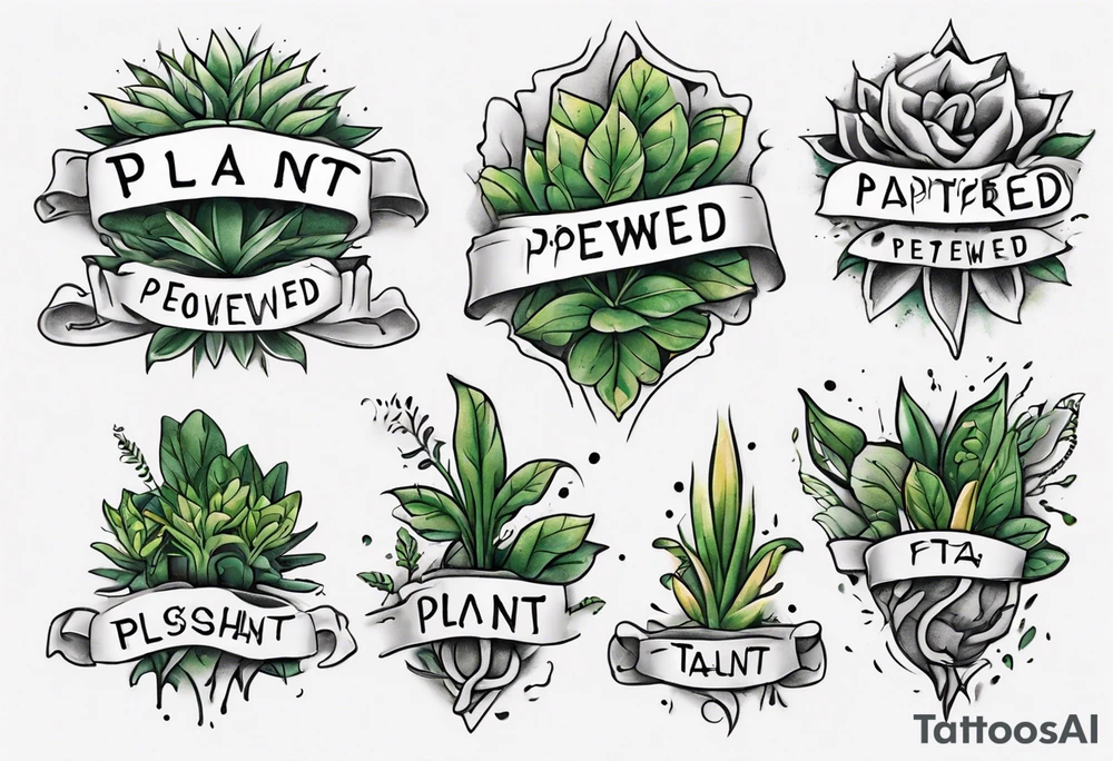 Arm band tattoo spelling ‘Plant Powered’ with plants tattoo idea