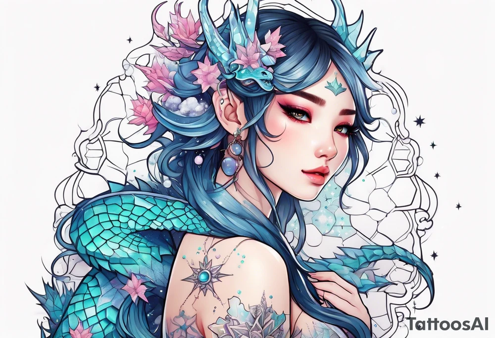 Constellation, kawaii dragon girl , snowflake tattoo idea