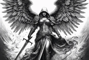 realistic angel of death, full body, without face, holding one sword in both hands, sword pointing downwards, skulls lying on the ground tattoo idea