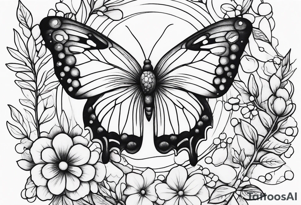 Winding branches and leaves and tiny flowers with a small moth and bubbles tattoo idea