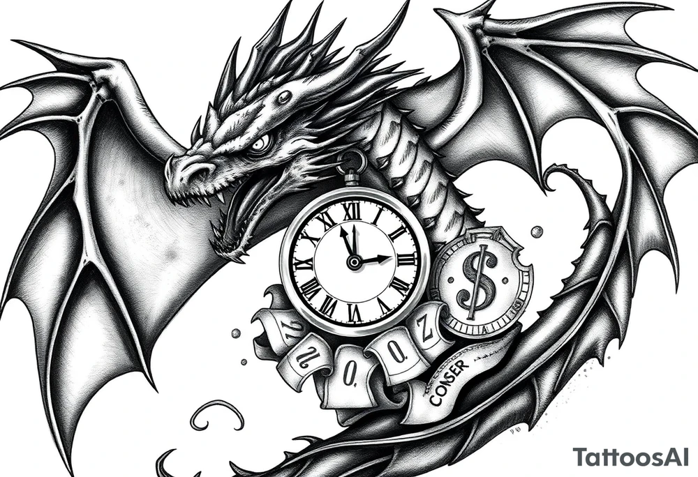 Dark dragon tattoo with clock, dollars and cancer zodiac sign on background tattoo idea