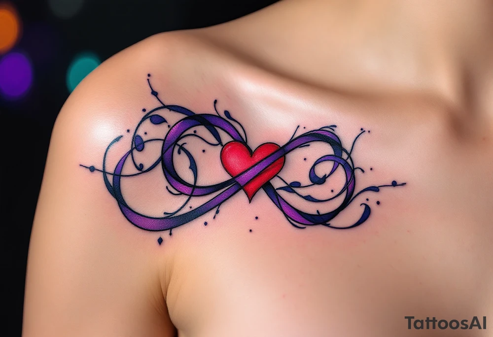 A purple and black shaded infinity symbol wrapping around a red heart in the middle. tattoo idea