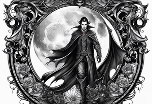 Mythic vampire man emperrior and moon and bat tattoo idea