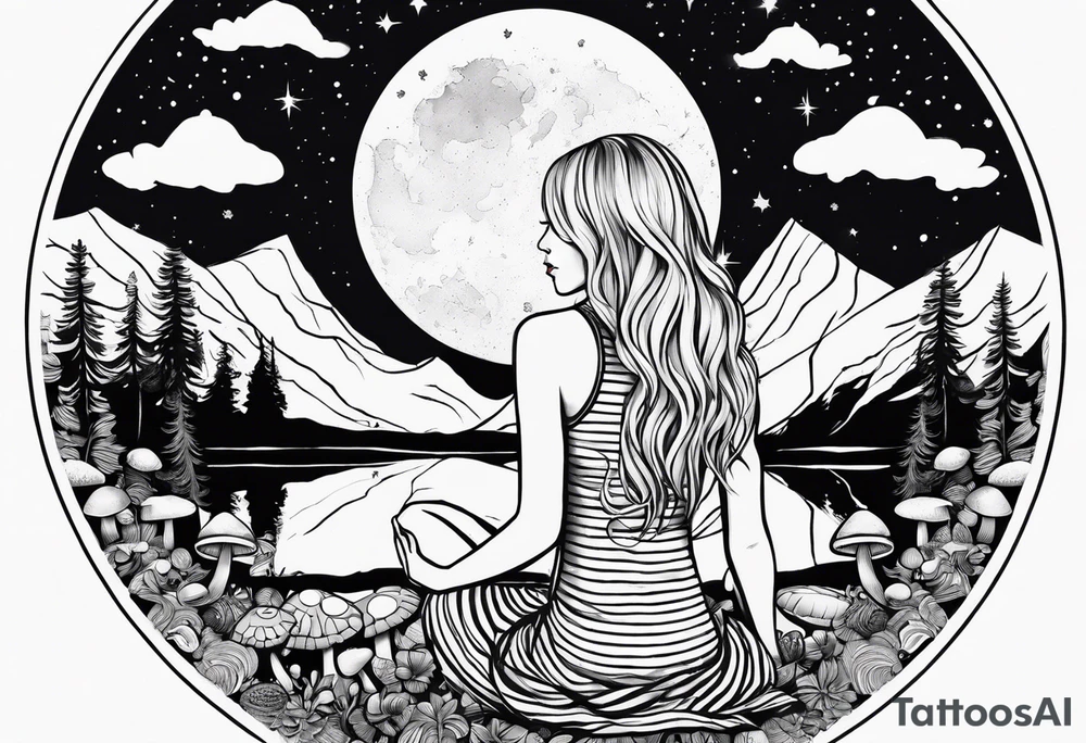 Straight blonde hair girl meditating facing away toward mountains surrounded by mushrooms crescent moon mandala circular design black and white striped dress tattoo idea