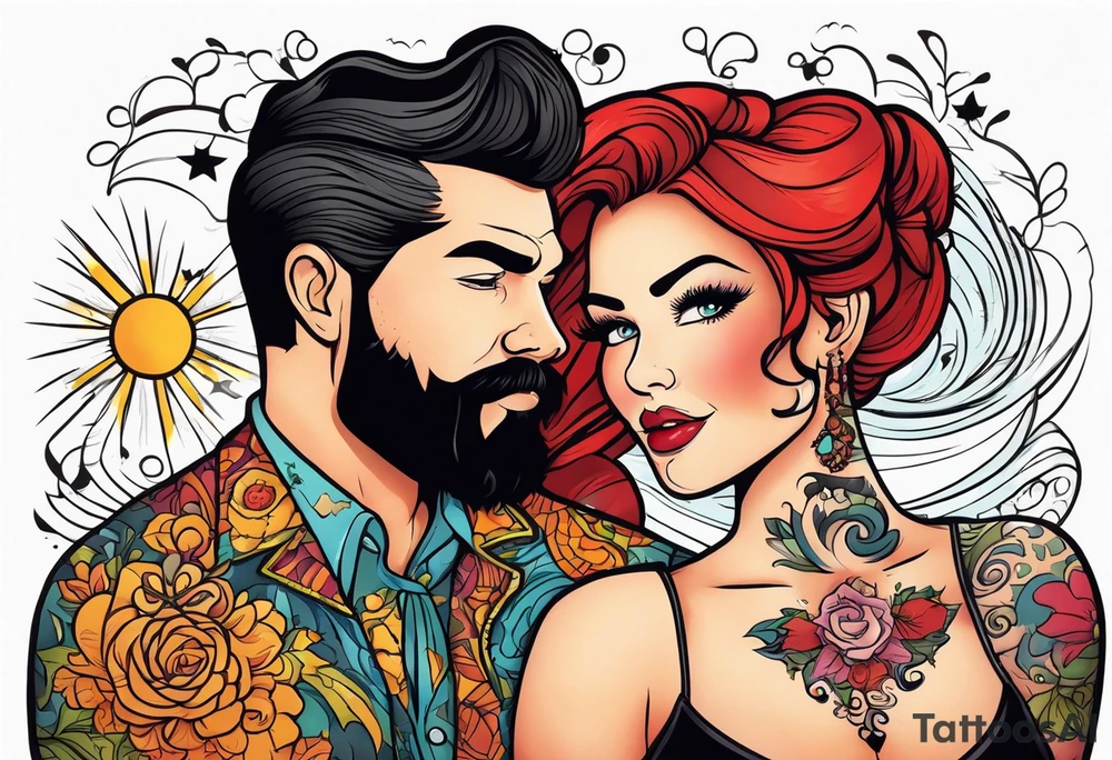 Busty Red haired woman with black haired bearded man tattoo idea