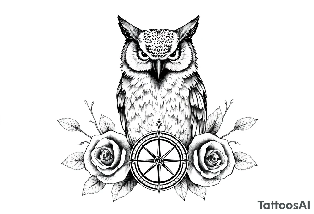 an owl,compass,roses, tattoo idea