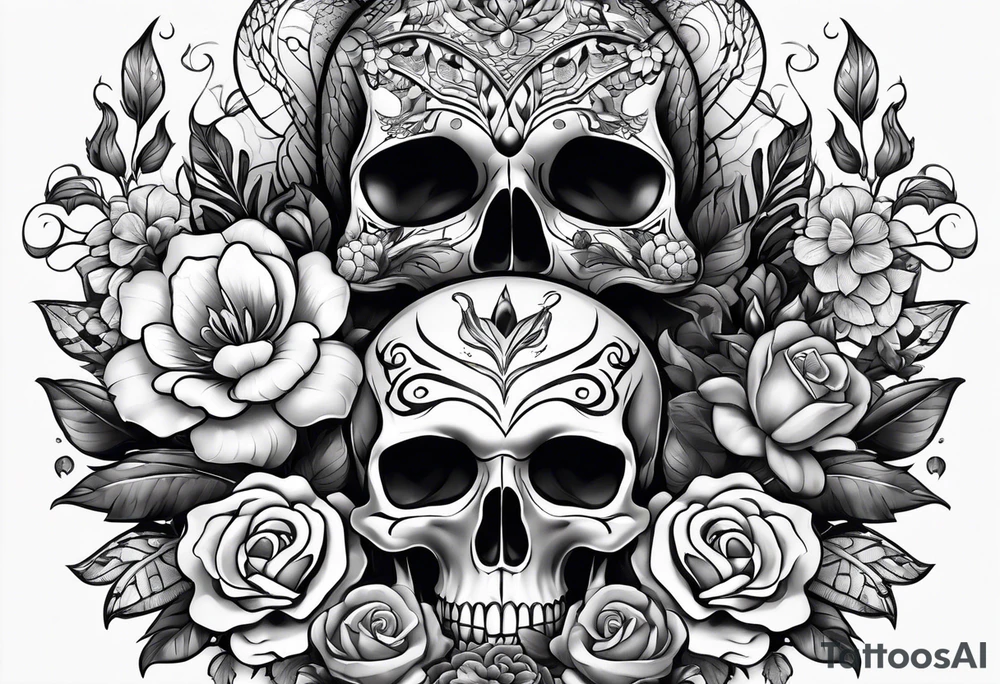 Snakes, skulls, and flowers tattoo idea