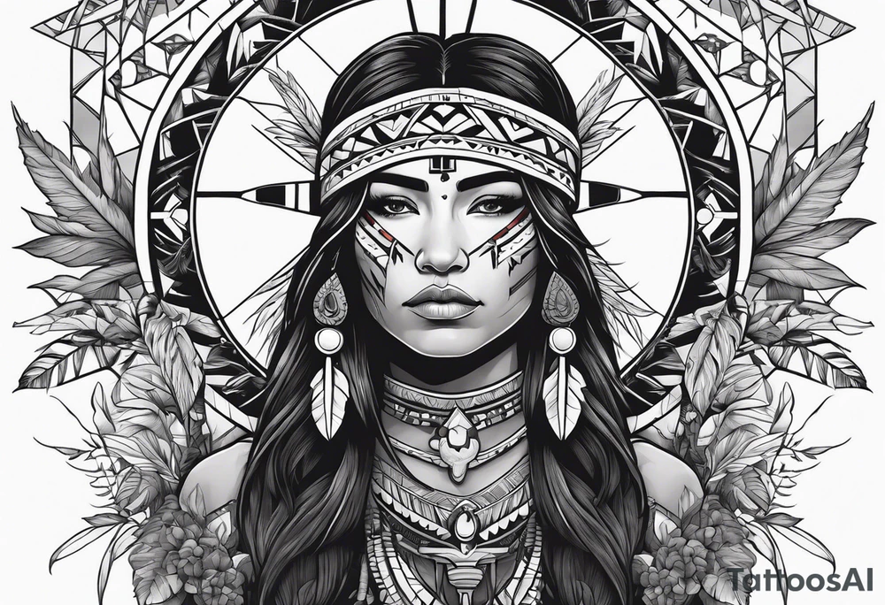 Native American holding a cross with plants and nature behind her, half sleeve tattoo idea