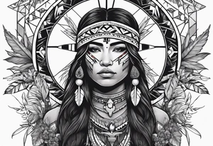 Native American holding a cross with plants and nature behind her, half sleeve tattoo idea
