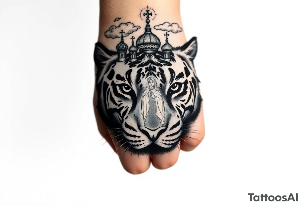 Realistic tiger face on the back of the hand with strong contrast and fine detail with hollow black eyes. with a highly detailed Russian Orthodox cathedral sitting above on fore arm with onion domes and orthodox crosses, done in fine line, engraving-like style. Cohesive composition, black ink only, no color, high contrast, slightly aged, documentary-style, plain light background. with clouds above and a virgin mary tattoo idea