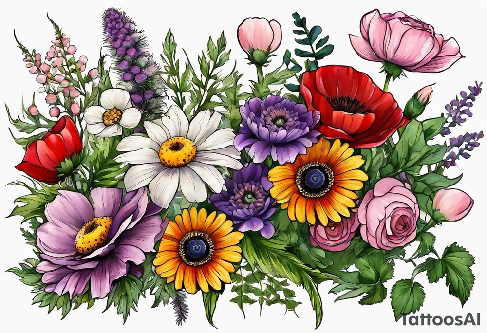 simple wildflowers with thistles, ferns, ranuculus, white anemones, sun flowers, red flowers, pink flowers, purple flowers, buttercups, babys breath, daisies, and greenery all in color tattoo idea