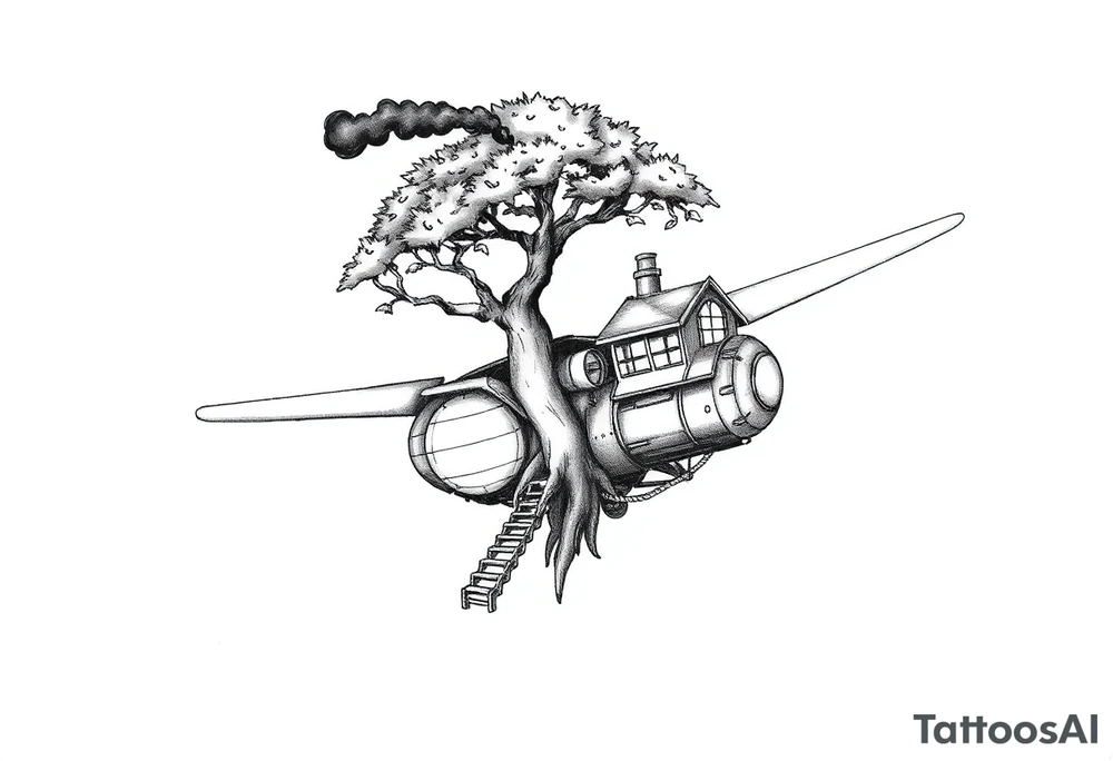 with a steam punk vibe i want you to create a picture of a flying machine that is very intricate that has a neat looking tree growing out of the top, and in the tree i want the smoke stack or exhaust pipe to be coing out of the top of the tree with black fumes trailing behind the machine as it is flying through the air. the tree also should have a neat looking tree house with intricate steam punk windows and a door, and a very intricate and neat staircase that goes down to the top of the machine. remember this picture should be in color and have a definite steam punk look to it. tattoo idea