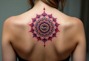 A vibrant mandala in reds and purples surrounding the small word “Mama” in white ink in between of shoulder blades. tattoo idea