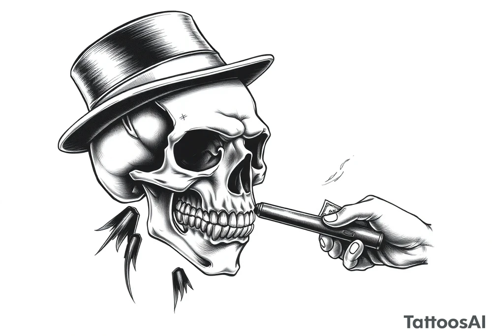 skull with mustache,a big cigar in his mouth,a top-hat on his head and alot of money in a hand. tattoo idea