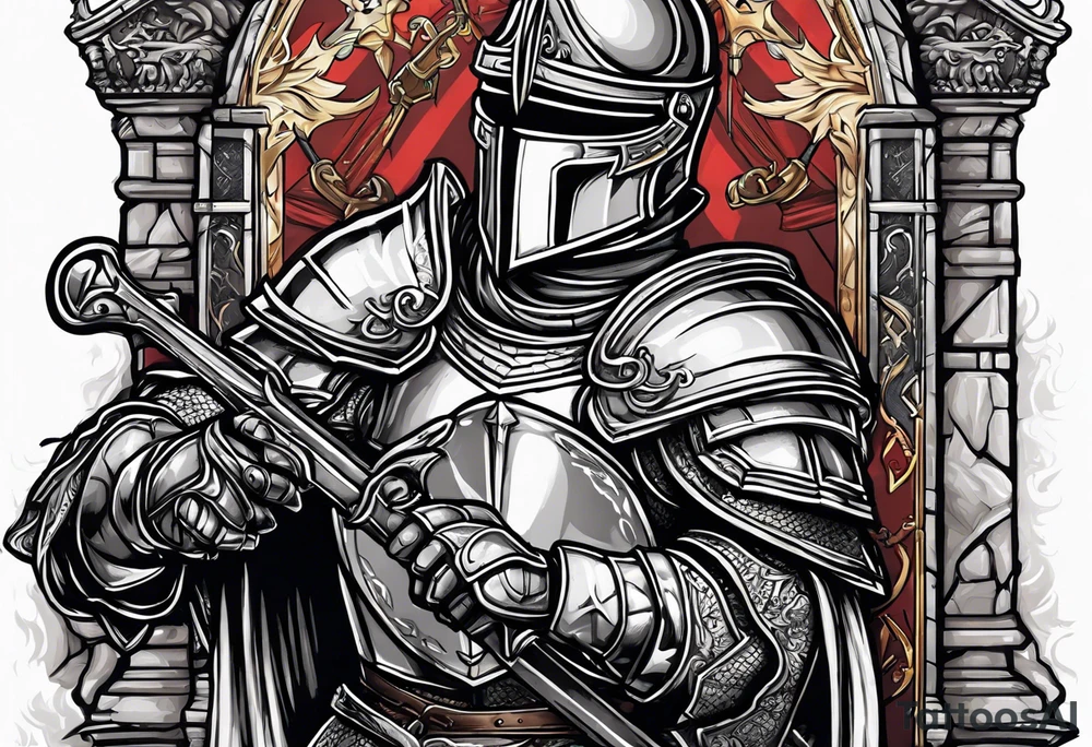 knight holding a bible over his head in combat tattoo idea