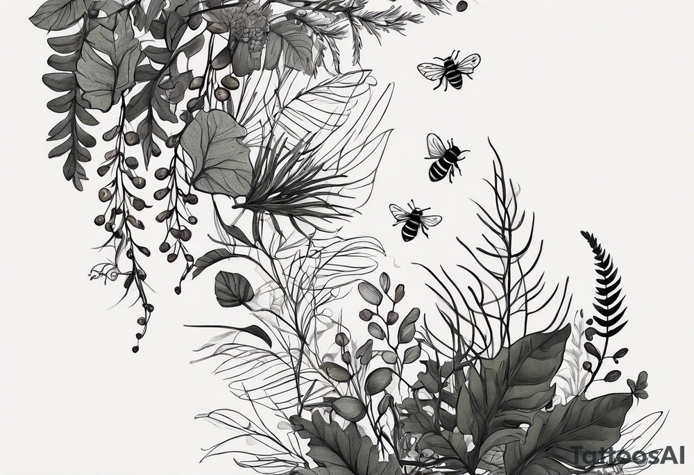forest floor inspired minimalist tattoo, which includes grass, curly ferns, moss and dead leaves as the bulk of the tattoo. details to include: forest berries, a tiny bumblebee flying nearby, three small brown mushrooms
Generate a vertically long one tattoo idea