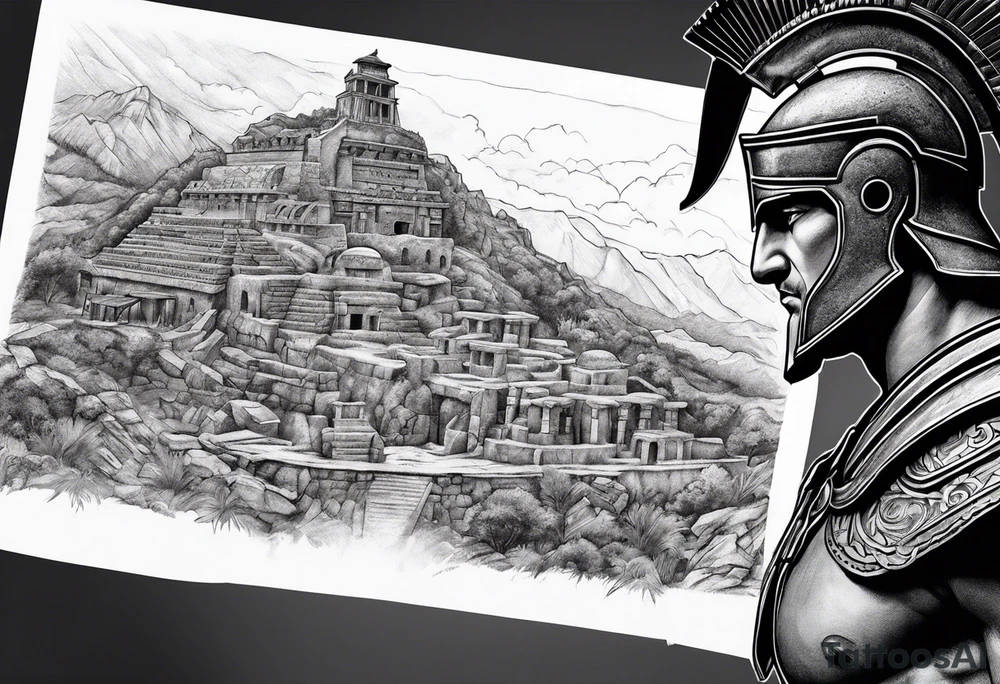 Spartan solider looking at ancient city tattoo idea