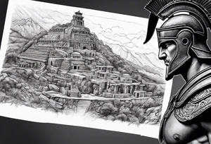 Spartan solider looking at ancient city tattoo idea