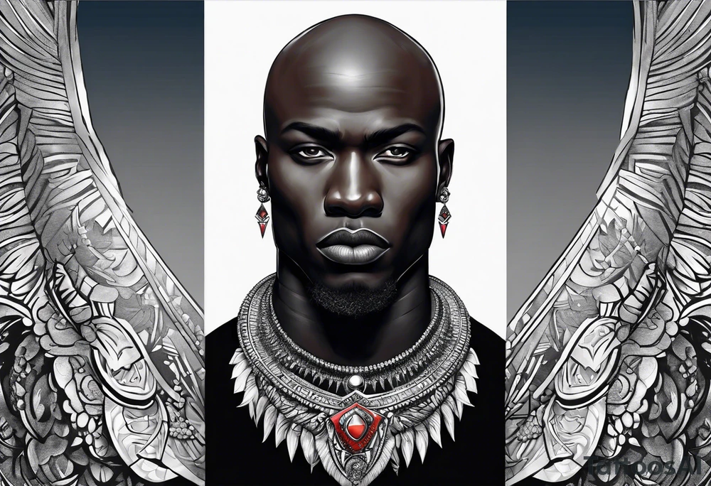 Black-skinned bald african warrior. He has a silver crown. He wears two simple necklaces: one blue, other red. Looking front tattoo idea