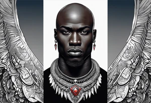 Black-skinned bald african warrior. He has a silver crown. He wears two simple necklaces: one blue, other red. Looking front tattoo idea