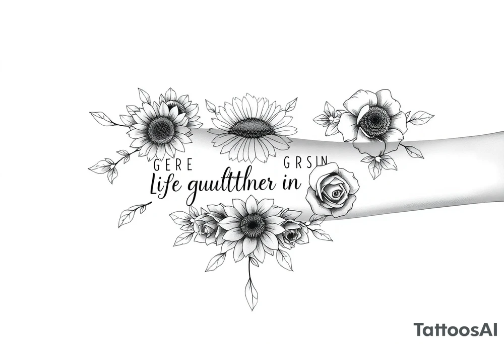 powerful sexy seven deadly sins with words greed, pride, gluttony, wrath, lust, sloth and envy, surrounded by sunflowers and roses tattoo idea