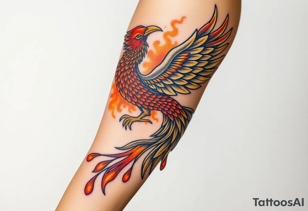 magnificent phoenix rising from golden flames with trailing embers tattoo idea