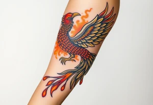 magnificent phoenix rising from golden flames with trailing embers tattoo idea