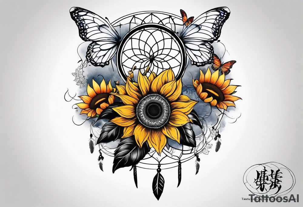Dream catcher with sunflower in back ground with butterflies tattoo idea