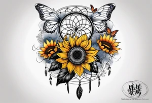 Dream catcher with sunflower in back ground with butterflies tattoo idea