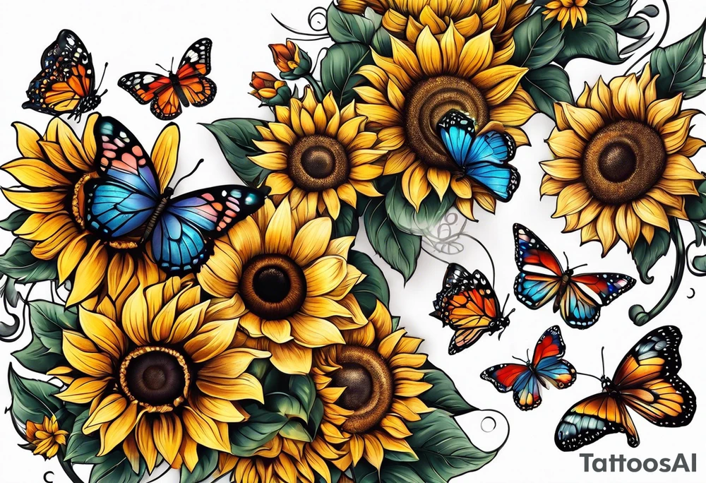 Arm sleeve with sunflowers and butterflies tattoo idea