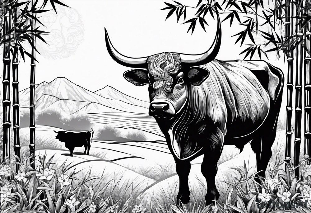 vietnamese ox in a bamboo field tattoo idea