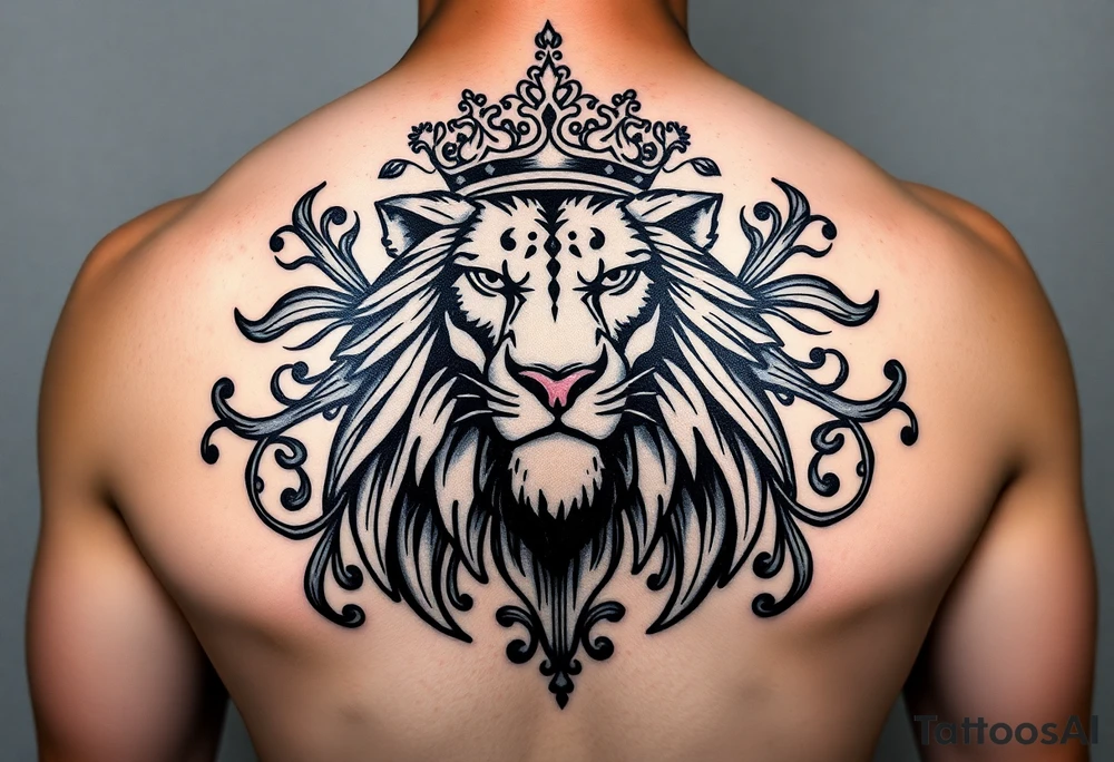 majestic lion wearing ornate crown, surrounded by baroque flourishes yin and yang tattoo idea