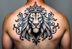 majestic lion wearing ornate crown, surrounded by baroque flourishes yin and yang tattoo idea