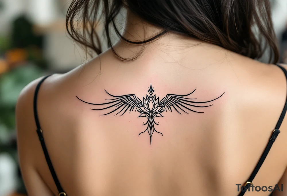 Fine thin lines very small minimalist tattoo combo of phenix and lotus tattoo idea