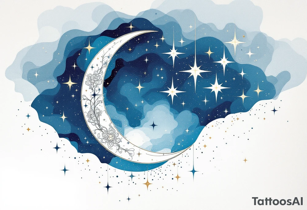 Moon and stars in sky tattoo idea