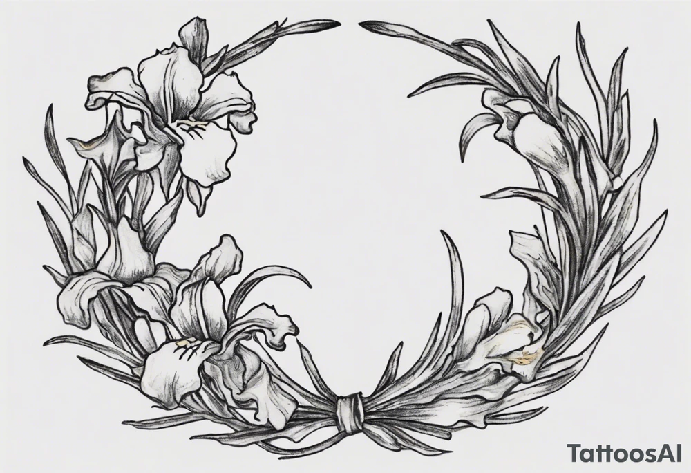 Create a small Vincent van Gogh Irises tattoo. The tattoo should take the form of a crescent, with vines gracefully intertwining at a central point in the middle of the wreath with a bird. The intended placement is on the upper chest. The overall design should be small in size while maintaining a delicate and artistic aesthetic. Pay attention to the graceful flow of the vines and the placement of the irises to achieve a refined and elegant look. tattoo idea