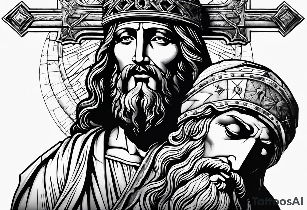 Jesus and man walking with cross tattoo idea