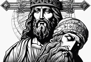 Jesus and man walking with cross tattoo idea