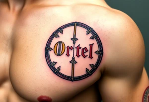 A round medieval shield, engraved with Ortel in battle-worn lettering, in black, gold, and deep crimson tattoo idea