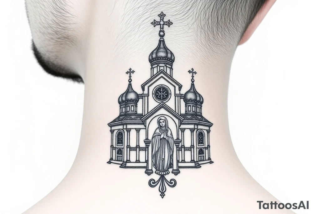 medium traditional russian orthodox church with russian coat arms and virgin mary tattoo idea