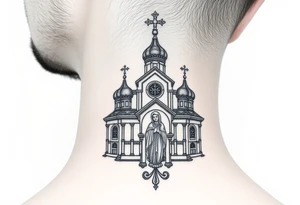 medium traditional russian orthodox church with russian coat arms and virgin mary tattoo idea