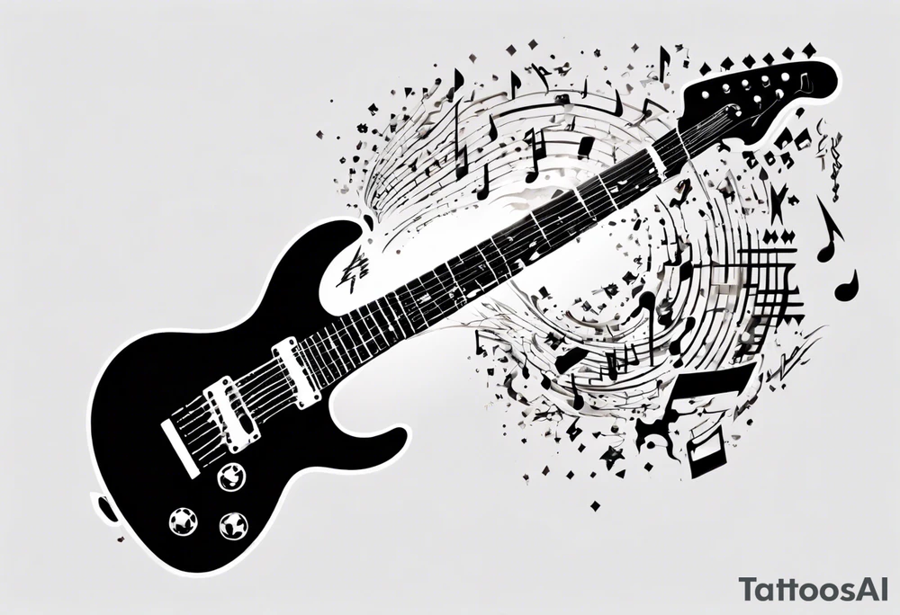 Create a unique tattoo design inspired by my passion for the electric guitar and video games. It could be an abstract representation of musical notes and pixel graphics. tattoo idea