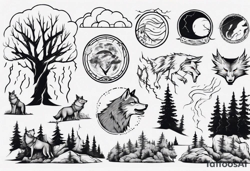 a thunder and lightning storm over a forest with a distant wolf howling and a drum circle tattoo idea