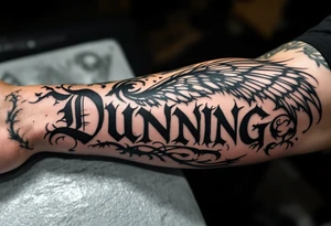 Dunning,on left forearm details include angel wing, greek type of font,jungle leaves , tiger claw scratch tattoo idea