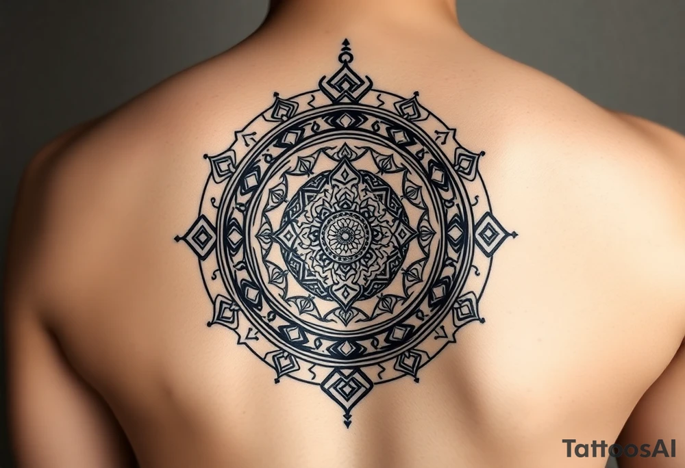 A sacred Thai Sak Yant tattoo design, deeply spiritual, hand-poked style, intricate black linework with geometric patterns and mantras. Central motif: an Unalome spiral representing the spiritual path, symbolizing freedom from addictions, regrets, and negative behaviors. Around it, elements of the Gao Yord (nine spires) for protection, discipline, and mental clarity. Incorporate subtle imagery of flowing time (like a stylized hourglass or lotus petals falling) to remind that life is limited and must be lived fully. The design should radiate energy of self-concentration, inner strength, and detachment from comparison with others. Minimal shading, authentic Thai sak yant style, symmetrical and sacred, suitable for tattoo. tattoo idea