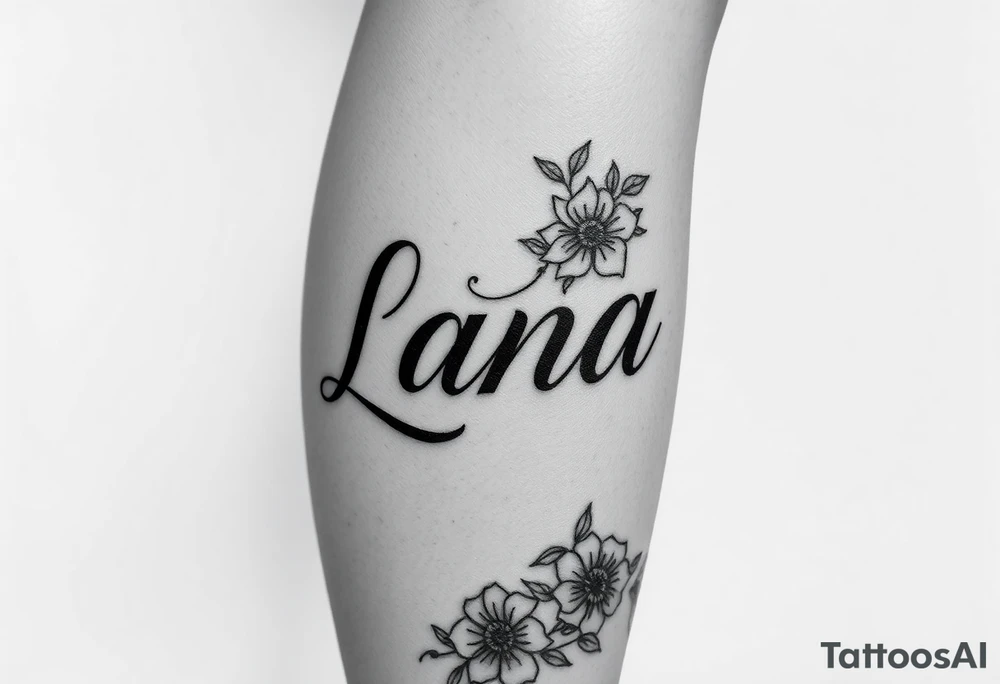 the name Lana going from my knee to my ankle the back of my leg with some flowers tattoo idea