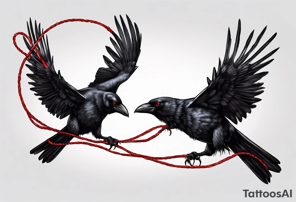 Two black crows flying into the sunset as they carry one long red string between them. tattoo idea