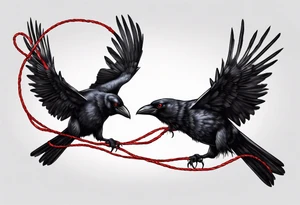 Two black crows flying into the sunset as they carry one long red string between them. tattoo idea